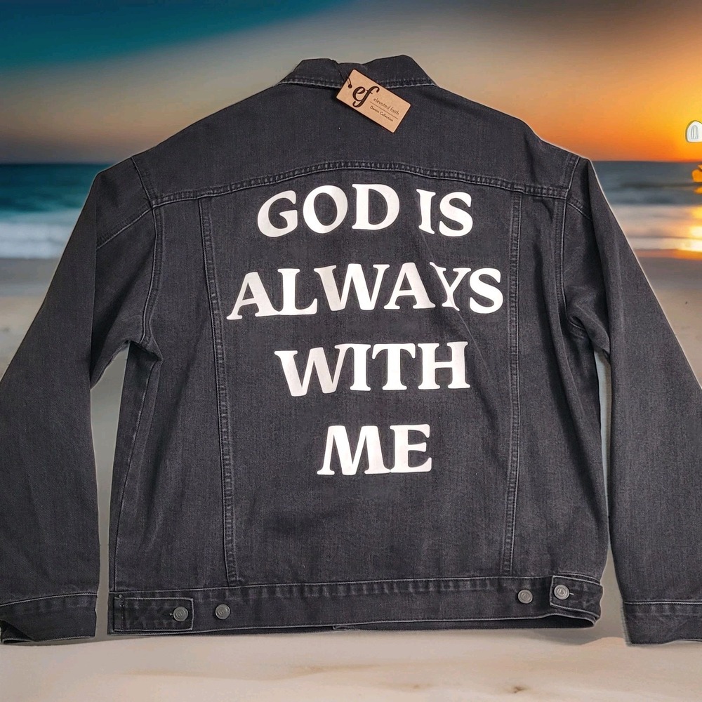 NWT Elevated Faith Jacket Unisex L God Is Always With Me Black Denim Trucker